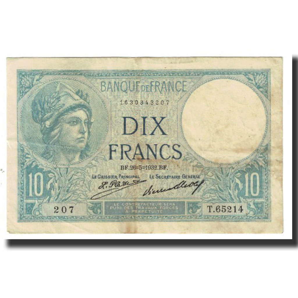 France, 10 Francs, Minerve, 1932, platet strohl, 1932-05-26, VF(30-35)