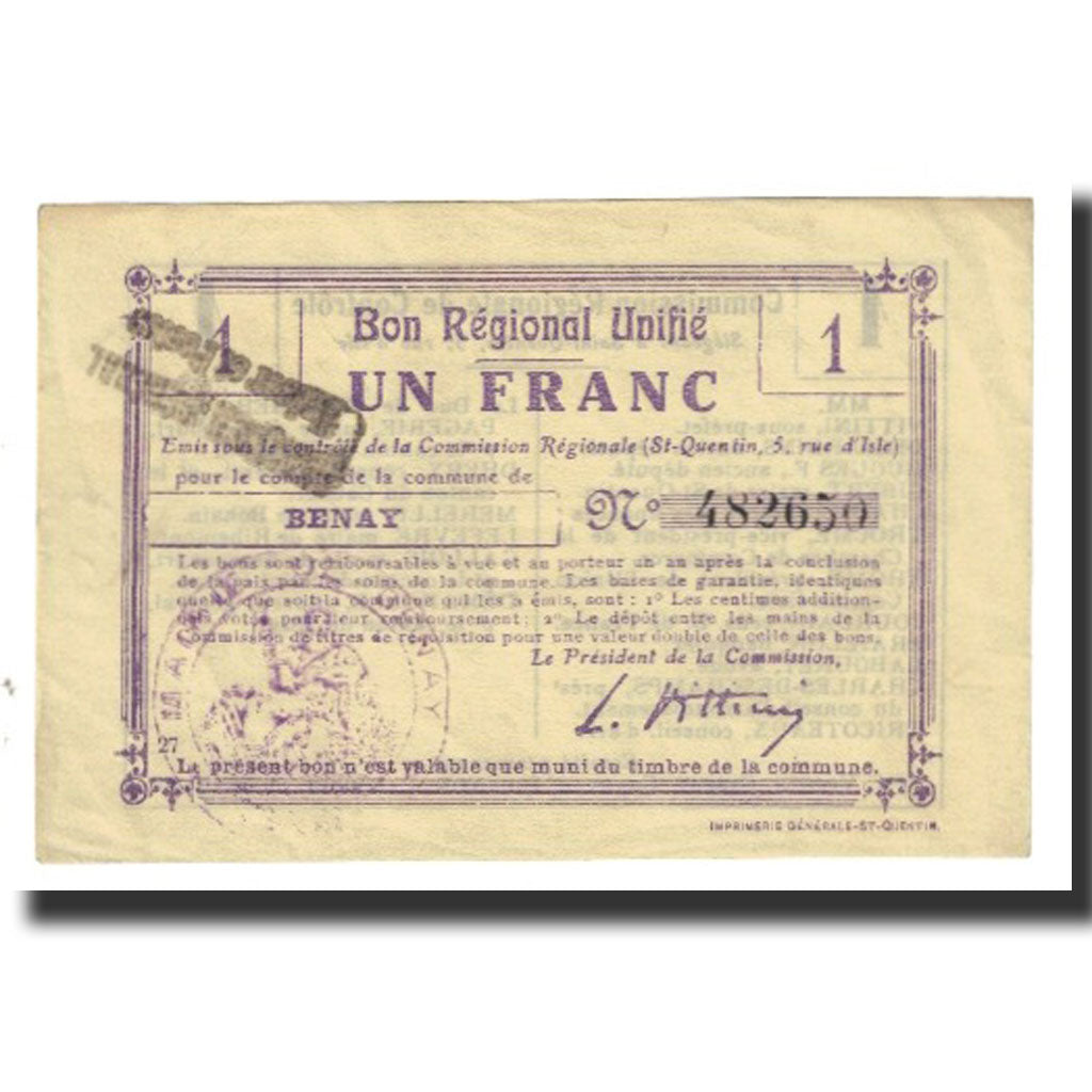 France, Benay, 1 Franc, 1916, Bon Régional, EF(40-45)