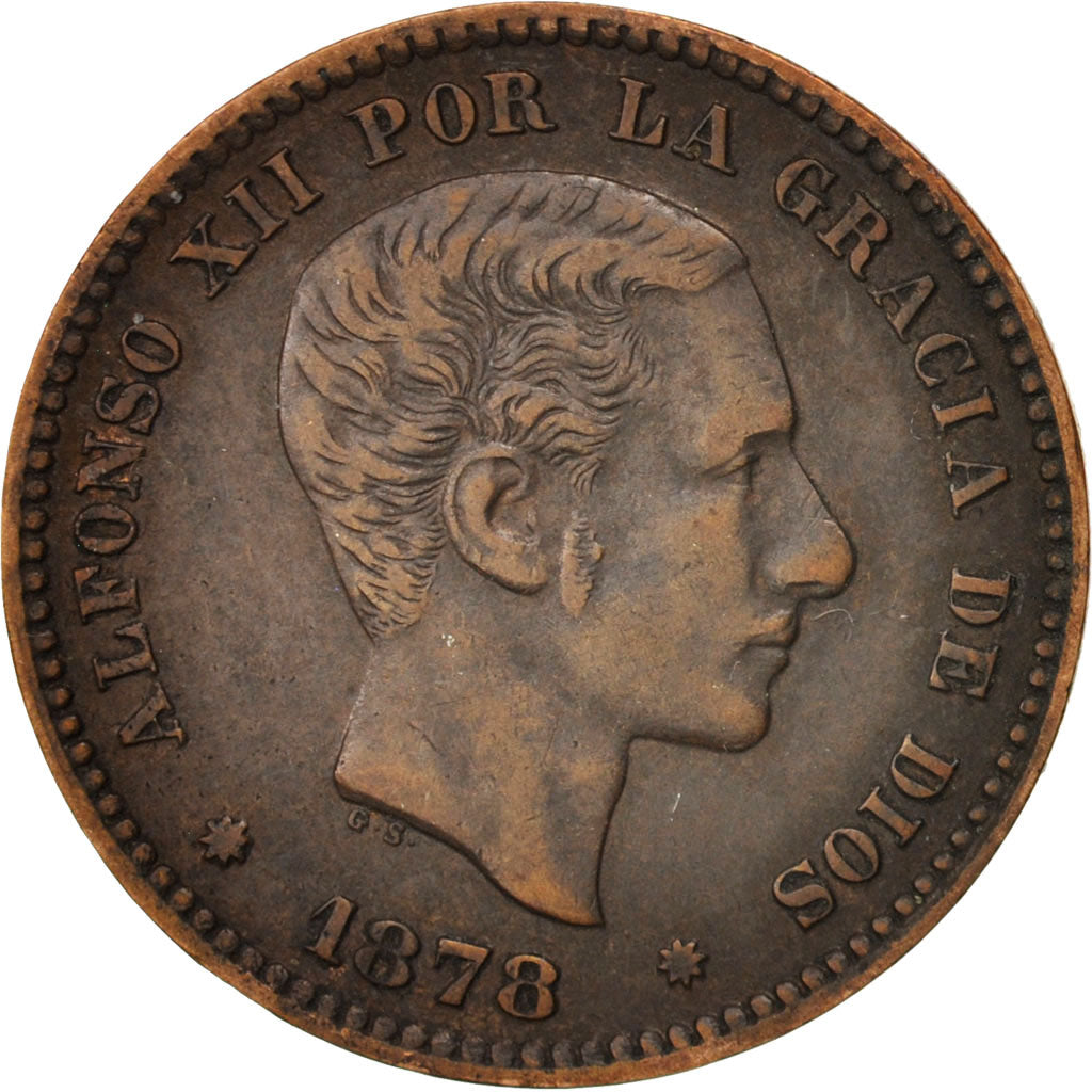 Spagna, Alfonso XII, 5 Centimos, 1878, BB, Bronzo, KM:674