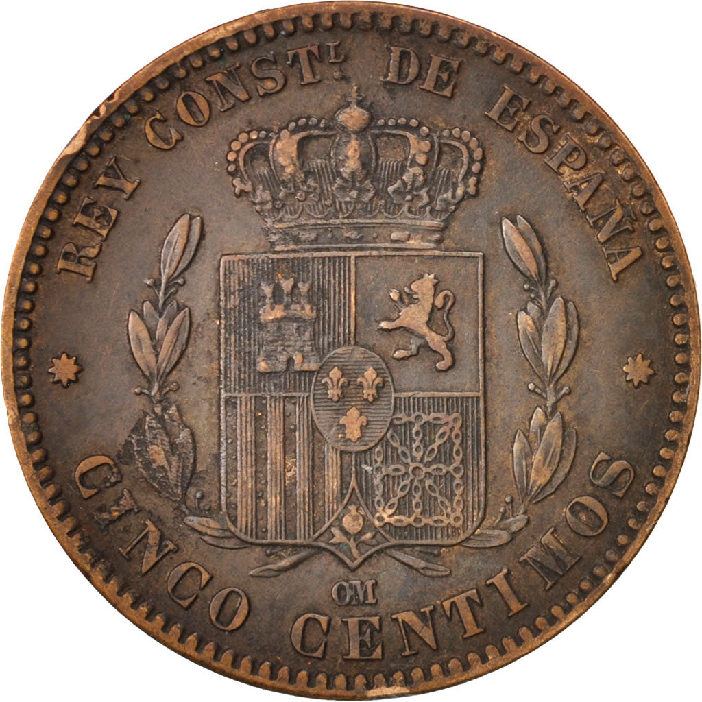 Spagna, Alfonso XII, 5 Centimos, 1878, BB, Bronzo, KM:674