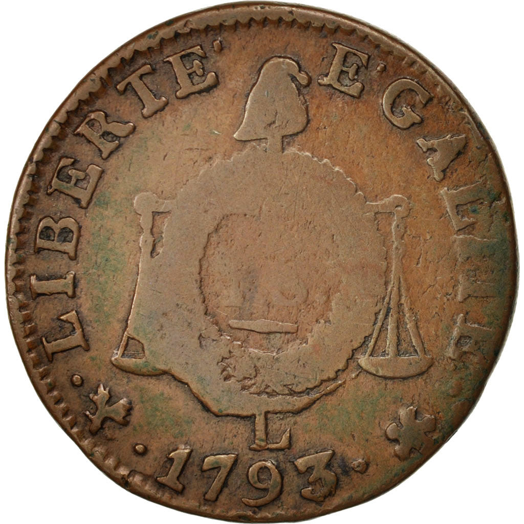 France, Sol aux balances françois, 1793, Bayonne, VG(8-10), Bronze, KM619.8