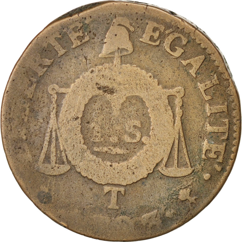 France, Sol aux balances françoise, 1793, Nantes, VG(8-10), Bronze, KM619.11