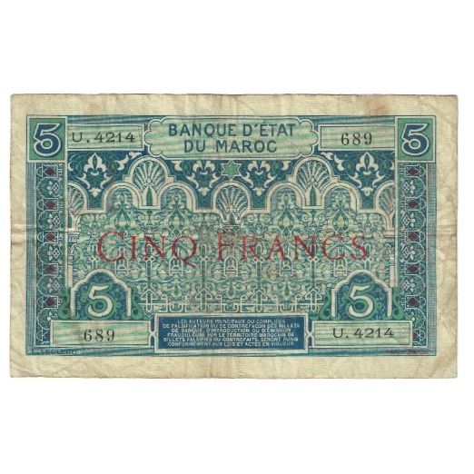 Biljet, Marokko, 5 Francs, KM:9, TB