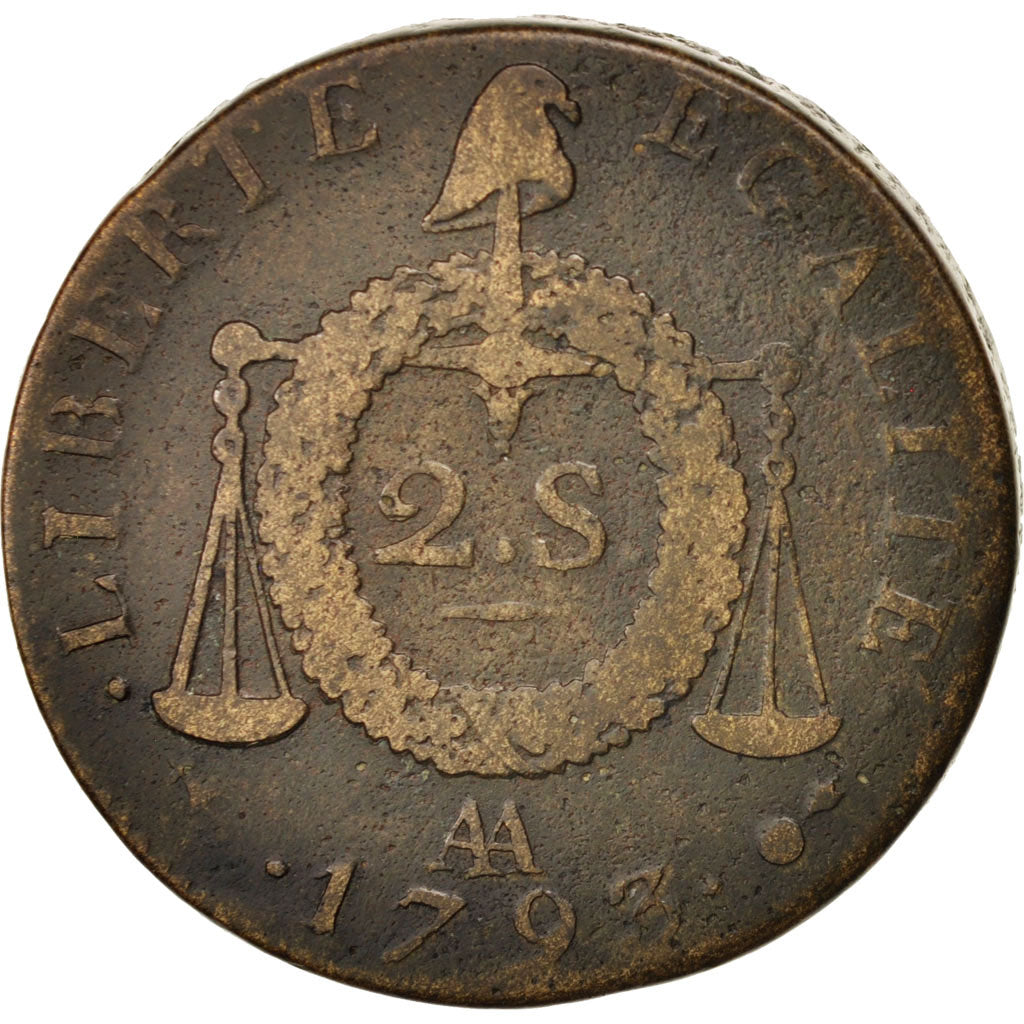 France, 2 sols aux balances daté, 1793, Metz, VF(30-35), Bronze, KM 621.2