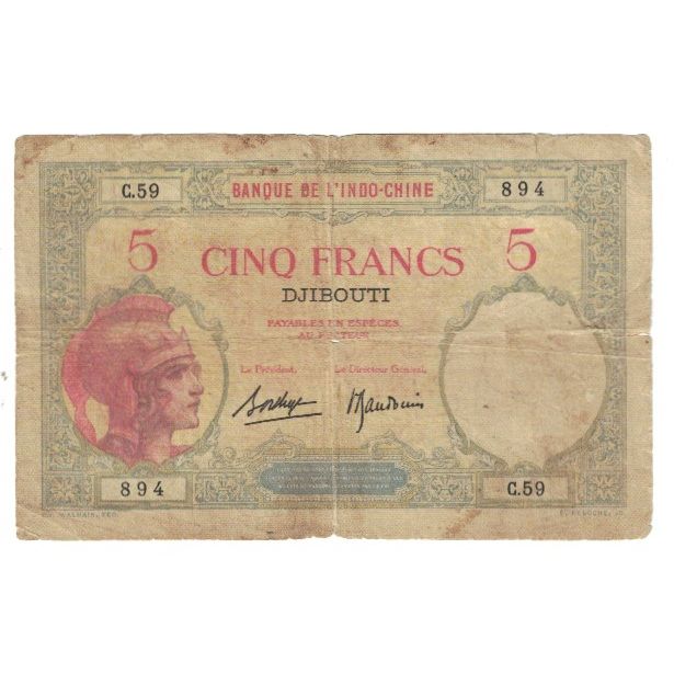 Banknote, French Somaliland, 5 Francs, KM:6b, F(12-15)