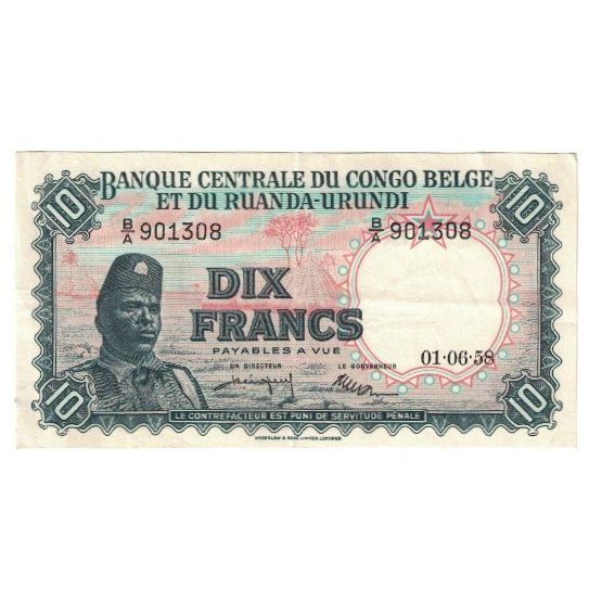 Banknote, Belgian Congo, 10 Francs, 1958, 1958-06-01, KM:30b, EF(40-45)