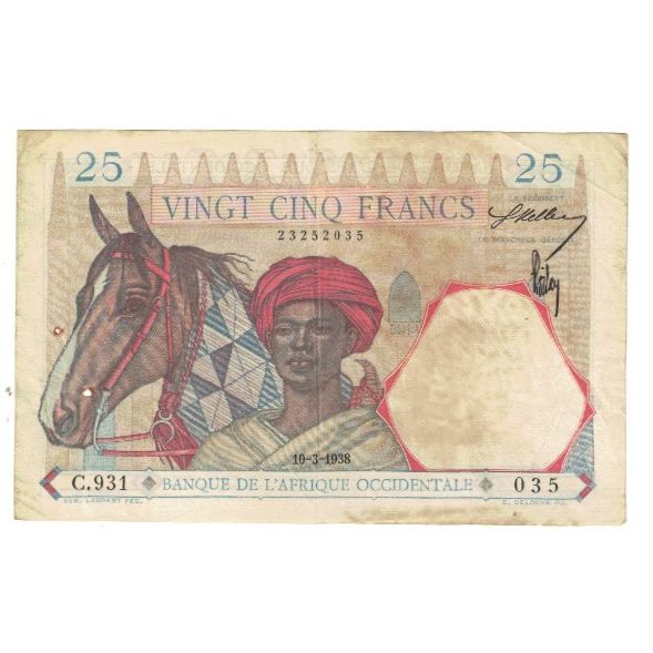 Biljet, Frans West Afrika, 25 Francs, 1938, 1938-03-10, KM:27, TB