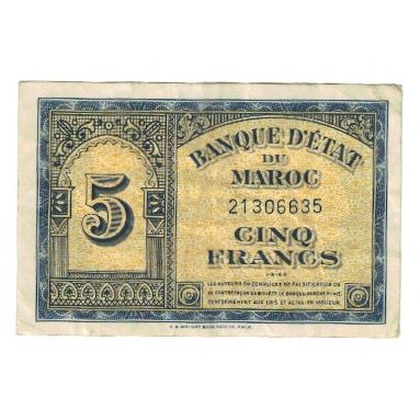Banknote, Morocco, 5 Francs, 1944, 1944-03-01, KM:24, EF(40-45)