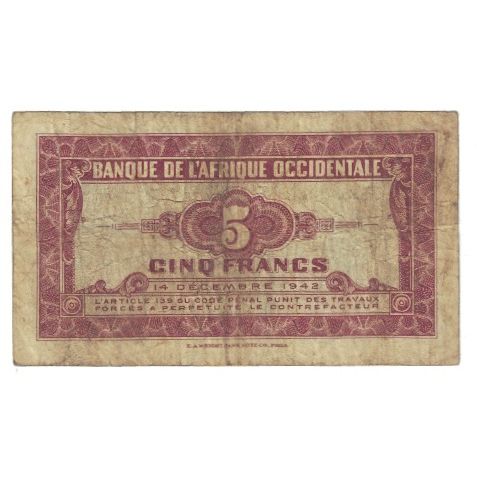 Billete, 5 Francs, 1942, África oriental francesa, 1942-12-14, KM:28b, BC