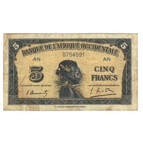 Banknote, French West Africa, 5 Francs, 1942, 1942-12-14, KM:28b, VF(20-25)