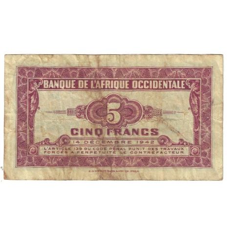 Banknote, French West Africa, 5 Francs, 1942, 1942-12-14, KM:28b, VF(20-25)
