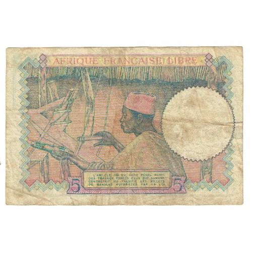 Banknote, French Equatorial Africa, 5 Francs, KM:6a, VF(20-25)