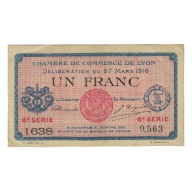 France, Lyon, 1 Franc, 1915, EF(40-45), Pirot:77-19