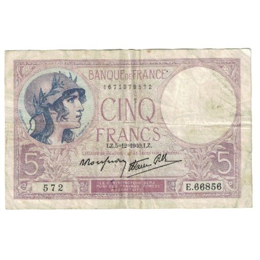 France, 5 Francs, Violet, 1940, P. Rousseau and R. Favre-Gilly, 1940-12-05, TB