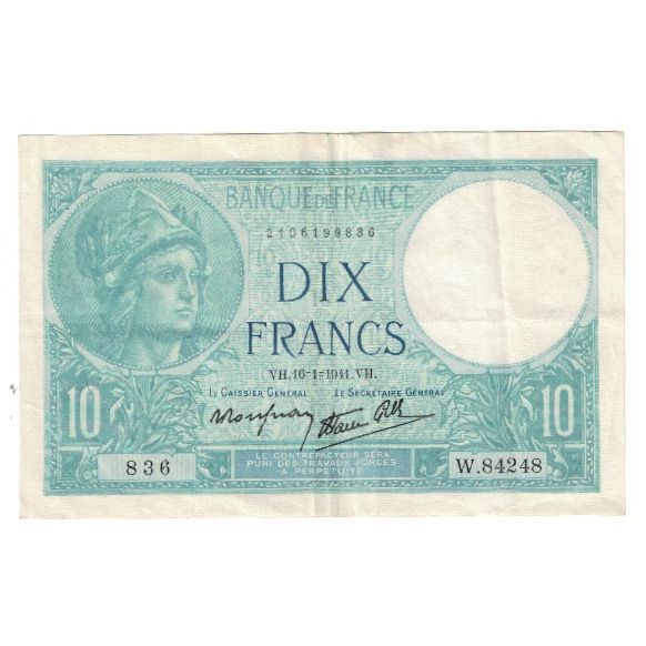 Francja, 10 Francs, Minerve, 1941, platet strohl, 1941-01-16, EF(40-45)