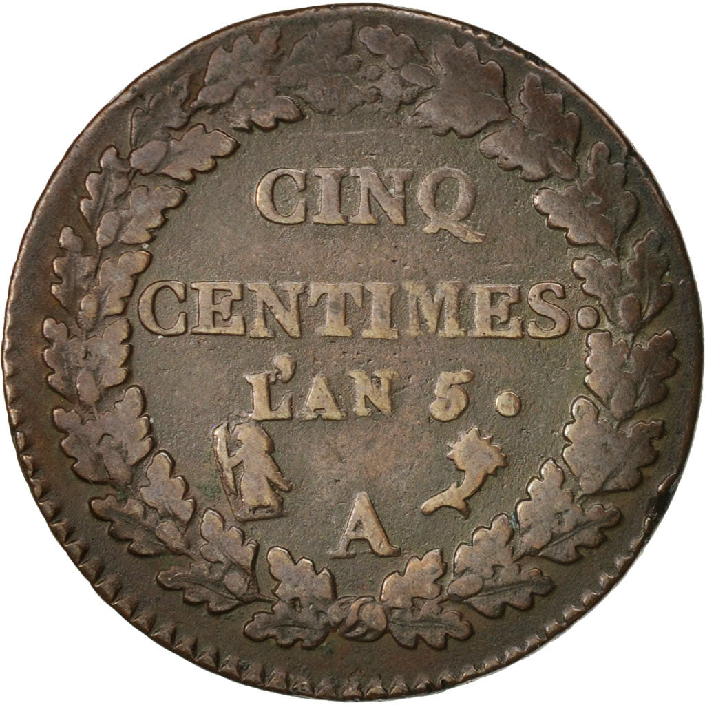 France, Dupré, 5 Centimes, 1796, Paris, VF(20-25), Bronze, KM:640.1, Gadoury126
