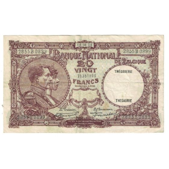 Banknote, Belgium, 20 Francs, 1926, 1926-08-10, KM:94, VF(20-25)