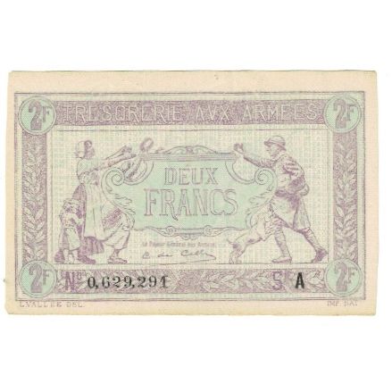 France, 2 Francs, 1917-1919 Army Treasury, SUP, Fayette:VF5.4, KM:M3