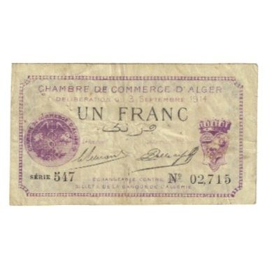 Banknote, Algeria, Chamber of Commerce, Alger, 1 Franc, Chambre de Commerce