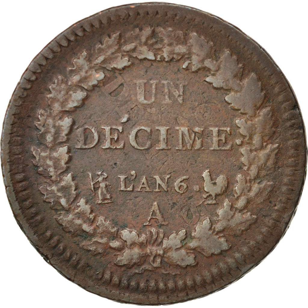 France, Dupré, Decime, 1797, Paris, VF(20-25), Bronze, KM:645.1, Gadoury:185