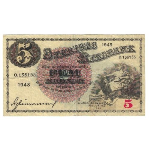 Billete, 5 Kronor, 1943, Suecia, KM:33aa, MBC