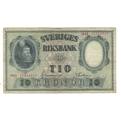 Billete, 10 Kronor, 1943, Suecia, KM:43a, MBC