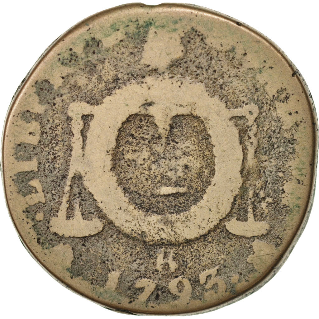 France, 2 sols aux balances daté, 1793, Rouen, VG(8-10), Bronze, KM 621.3