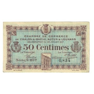 France, Chalon-s-/-Saône, Autun & Louhans, 50 Centimes, 1917, Chambre de