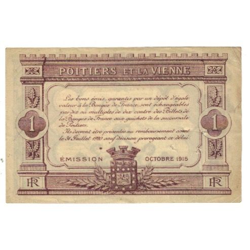 France, Poitiers, 1 Franc, 1915, AU(55-58), Pirot:101-3