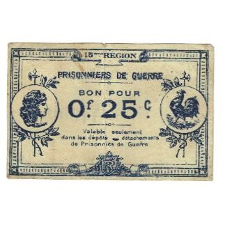 France, 15 EME REGION, 25 Centimes, 1914-1918, Prisonniers de Guerre, TB+