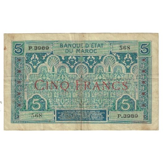 Biljet, Marokko, 5 Francs, KM:9, TB