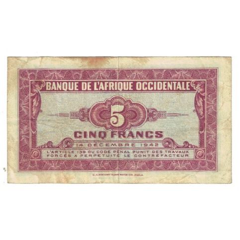 Banknote, French West Africa, 5 Francs, 1942, 1942-12-14, KM:28b, VF(30-35)