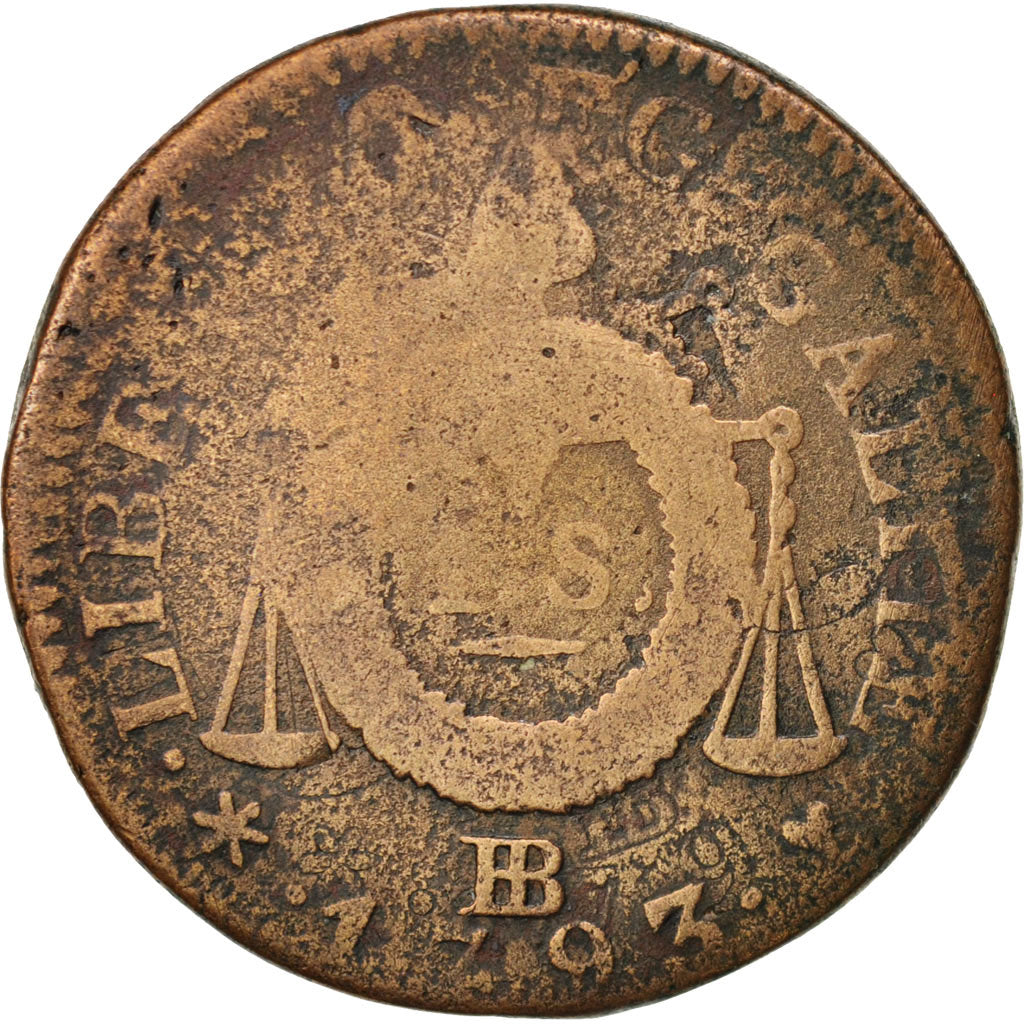 France, Sol aux balances françoise, 1793, Strasbourg, VG(8-10), Bronze, KM 619.4