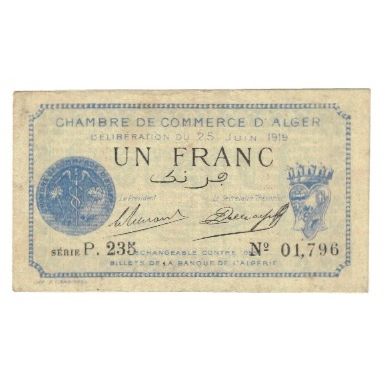 Banknote, Algeria, 1 Franc, Chambre de Commerce, 1919, 1919-06-25, EF(40-45)