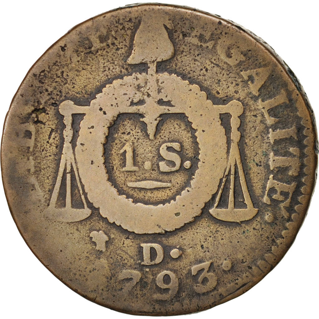 Francia, Sol aux balances françoise, Sol, 1793, Lyon, B, Bronzo, KM:619.5, G...