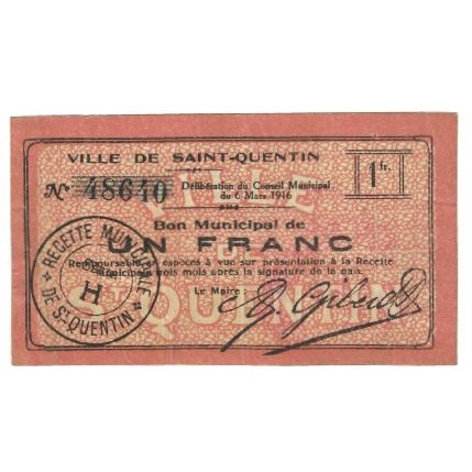 France, Saint-Quentin, 1 Franc, 1916, EF(40-45)