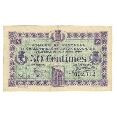 France, Chalon-s-/-Saône, Autun & Louhans, 50 Centimes, 1920, Chambre de