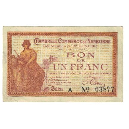 France, Narbonne, 1 Franc, 1915, EF(40-45), Pirot:89-6