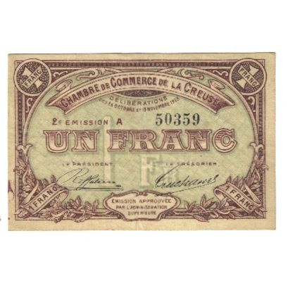 France, Guéret & Aubusson., 1 Franc, 1915, Chambre de Commerce, EF(40-45)