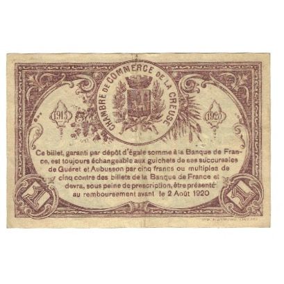 France, Guéret & Aubusson., 1 Franc, 1915, Chambre de Commerce, EF(40-45)