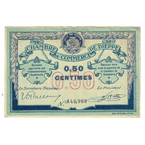 France, Dieppe, 50 Centimes, Chambre de Commerce, EF(40-45), Pirot:52-1