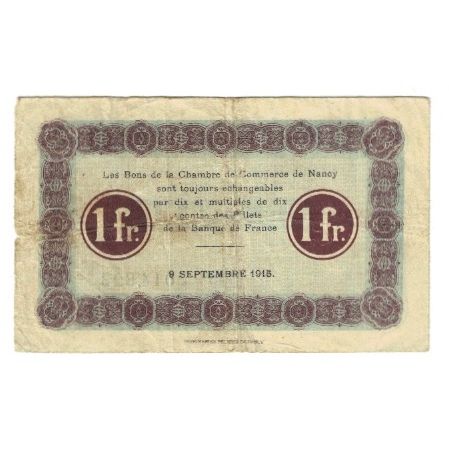 France, Nancy, 1 Franc, 1915, Chambre de Commerce, EF(40-45), Pirot:87-08