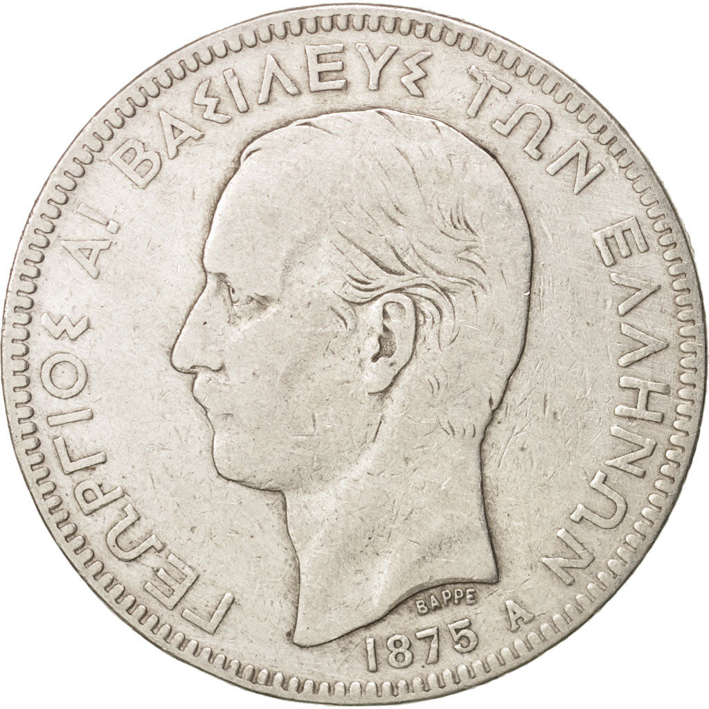 Greece, George I, 5 Drachmai, 1875, Paris, VF(20-25), Silver, KM:46