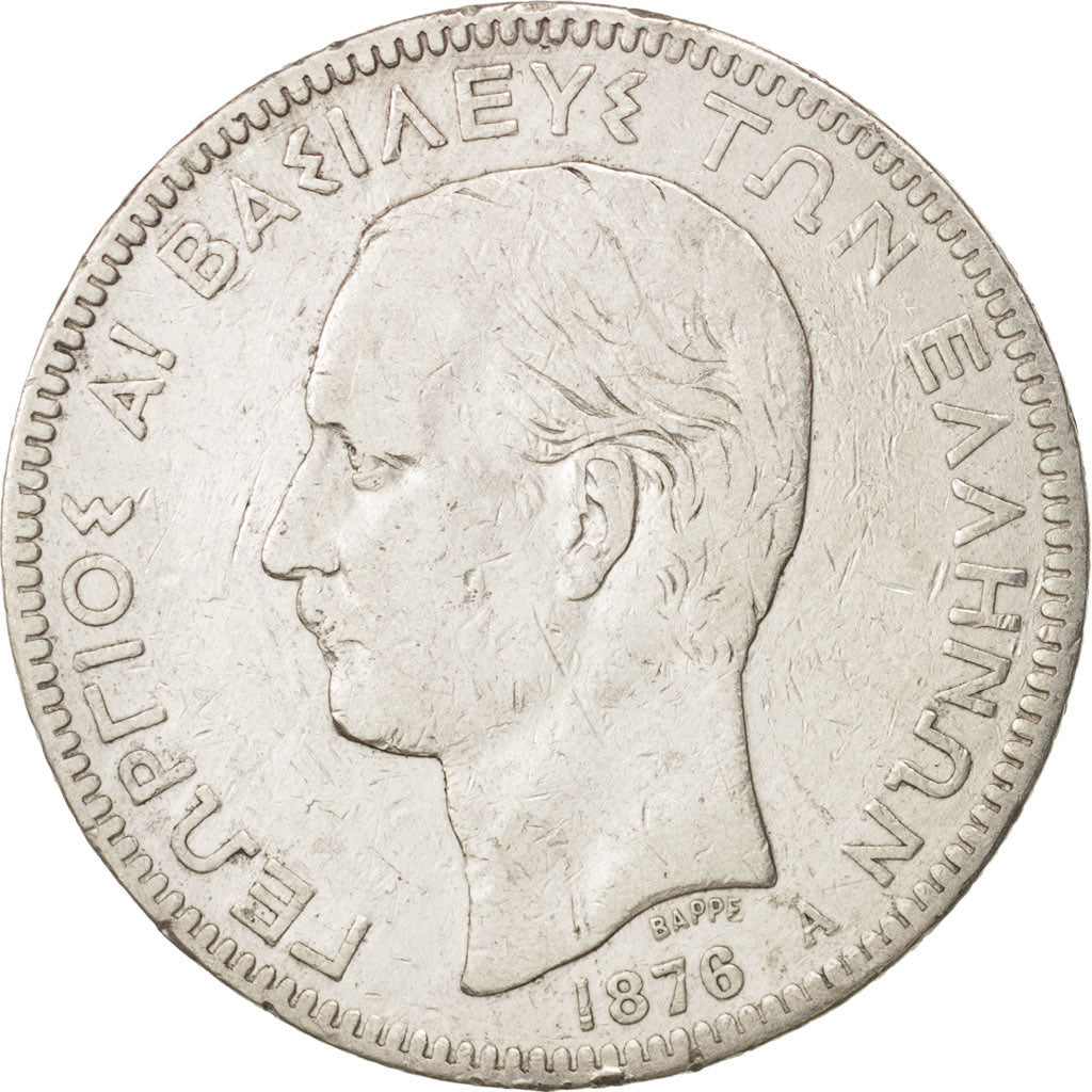 Greece, George I, 5 Drachmai, 1876, Paris, VF(20-25), Silver, KM:46