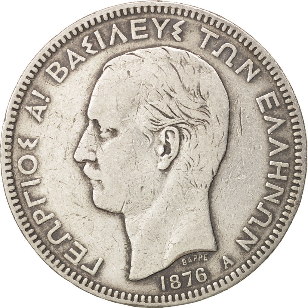 Greece, George I, 5 Drachmai, 1876, Paris, VF(20-25), Silver, KM:46