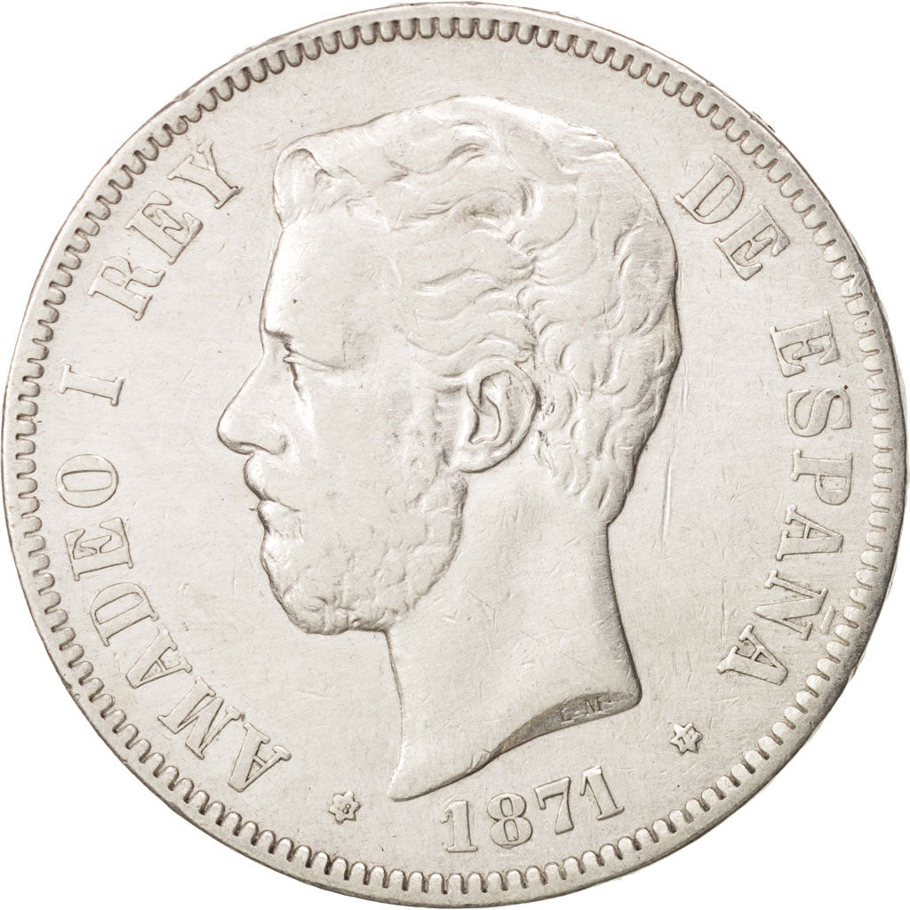 Spain, Amadeao I, 5 Pesetas, 1871 (71), Madrid, EF(40-45), Silver, KM:666