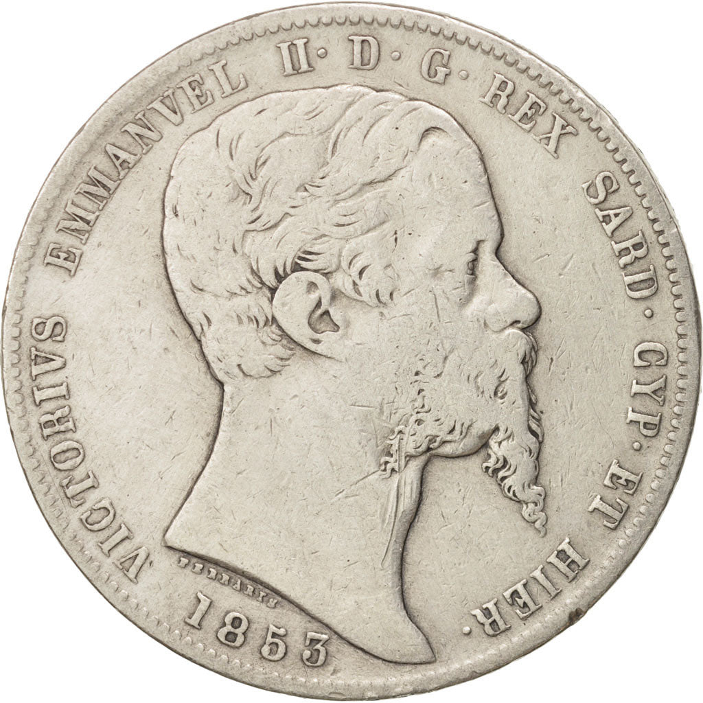 ITALIAN STATES, SARDINIA, Vittorio Emanuele II, 5 Lire, 1853, Genoa, VF(20-25)