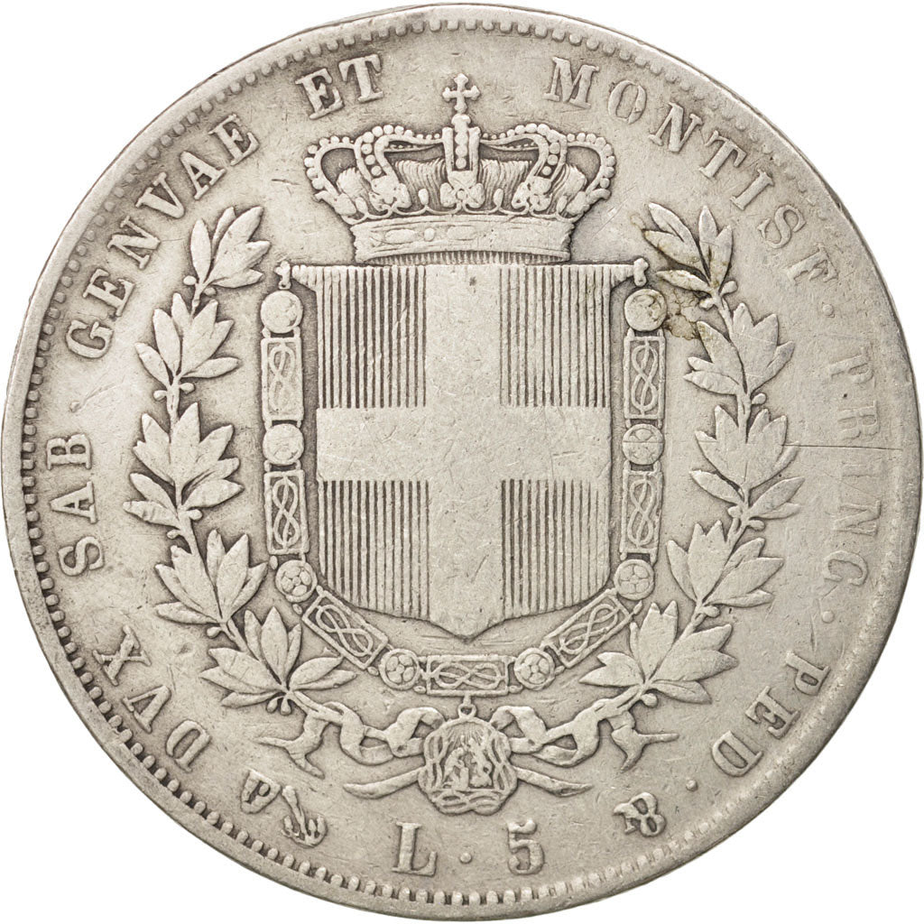 ITALIAN STATES, SARDINIA, Vittorio Emanuele II, 5 Lire, 1853, Genoa, VF(20-25)