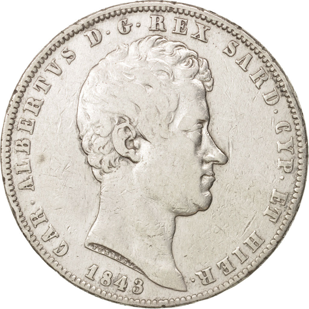États italiens, SARDINIA, Carlo Alberto, 5 Lire, 1843, Genoa, TB+,Argent,KM130.2
