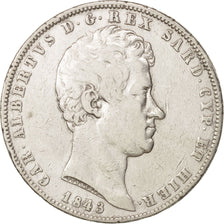 États italiens, SARDINIA, Carlo Alberto, 5 Lire, 1843, Genoa, TB+,Argent,KM130.2